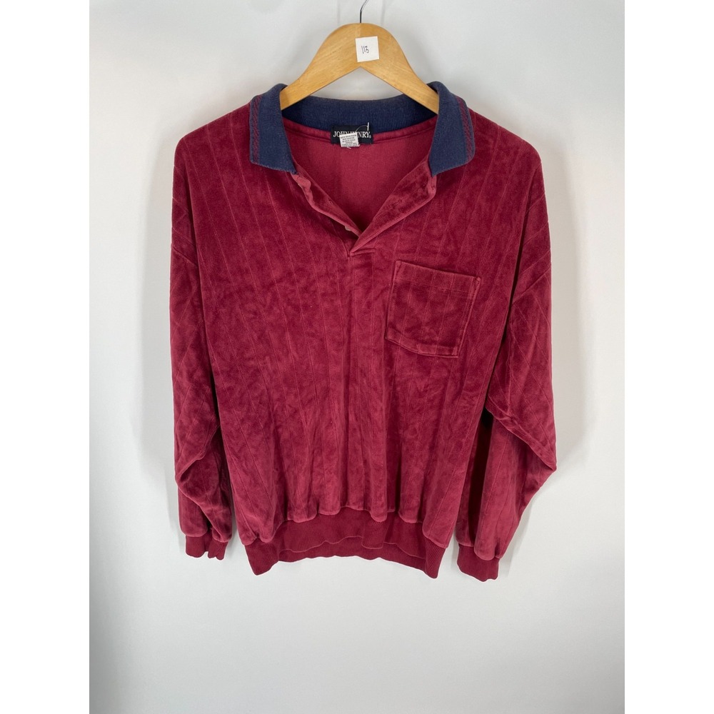 Vintage John Henry Velour Long Sleeve Polo Shirt Crimson Red Mens Size M